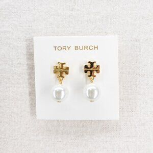 Tory Burch Faux Pearl Logo Drop Earrings Ivory/Shiny Gold OS